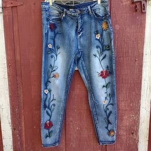 VENUS Blue Floral Embroidered Skinny Jeans